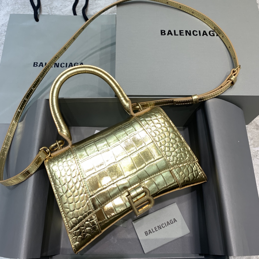 Balenciaga Hourglass Small Handbag Crocodile Embossed Shoulder Bag Gold